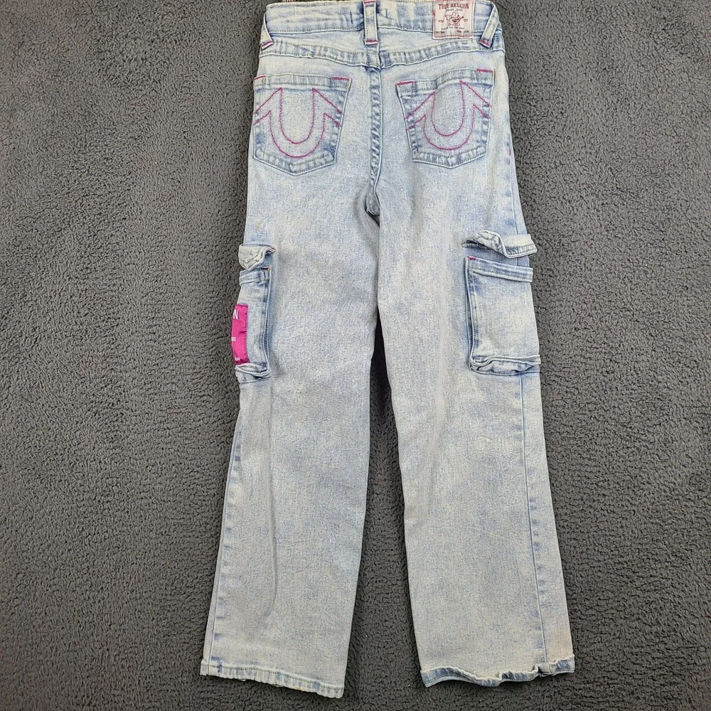 True Religion Leila Girls High Rise Wide Leg Cargo Jeans Light Wash Pink 12